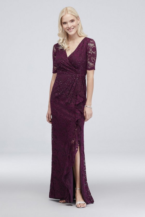 Sequin Lace 3/4 Sleeve Sheath Dress with Cascade Adrianna Papell AP1E203583 [AP1E203583]