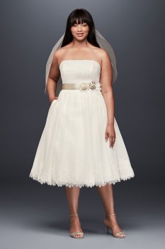 Dotted Tulle Plus Size Tea-Length Wedding Dress 9WG3858