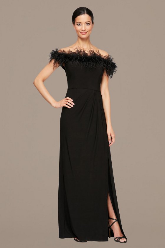 Jersey Off-The-Shoulder Dress With Marabou Detail Alex Evenings 81351465