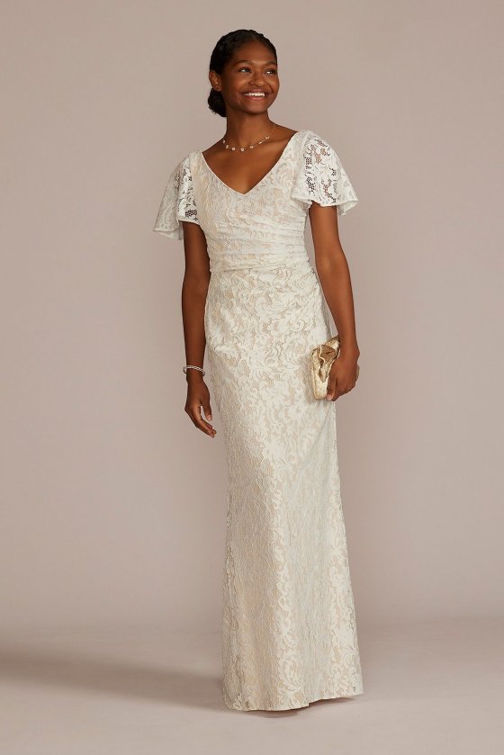 Lace Flutter Sleeve Draped Sheath Wedding Gown DB Studio SDWG1054