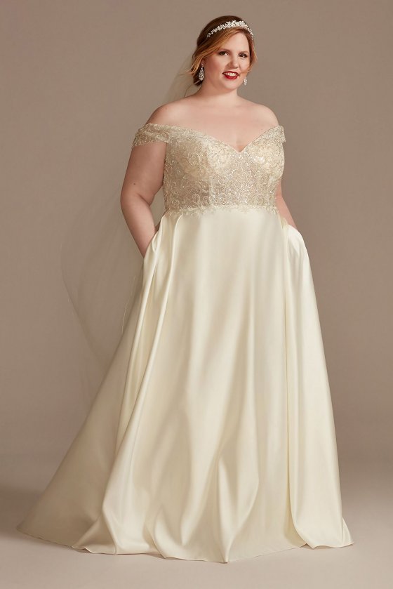Beaded Bodice Off Shoulder Plus Size Wedding Dress Oleg Cassini 8CWG890 [8CWG890]