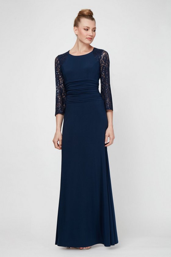 Modern Long Sheath 9135109 Sequin Lace Full Sleeve Ruched Jersey Dress [9135109MR]