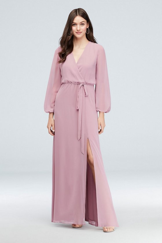 Long Sleeve Chiffon Faux-Wrap Bridesmaid Dress Reverie W60041 [W60041]