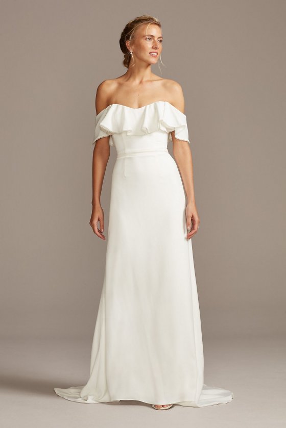 Off-the-Shoulder Pearl Trimmed WG3984 Style Crepe Wedding Dress [MWG3984]