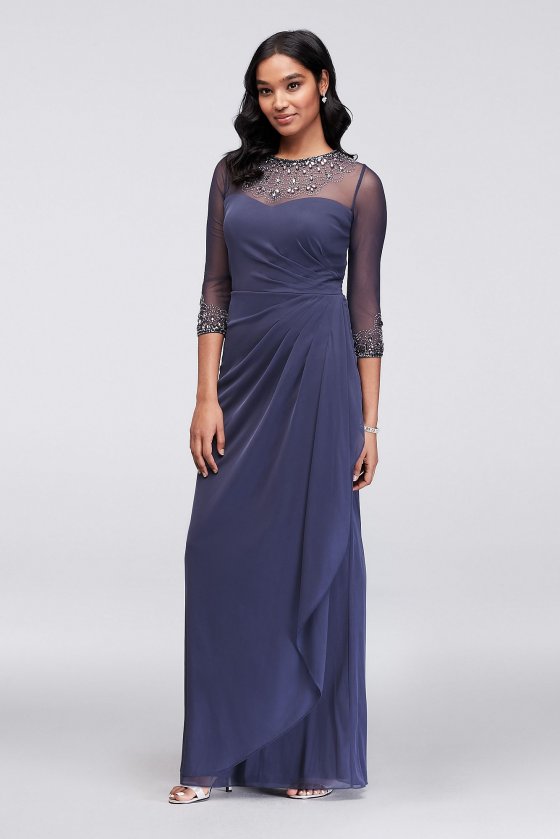 Ruched Illusion Mesh Sheath Gown with Jeweled Neck 1328331 [1328331]