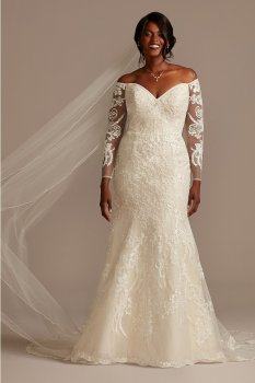 Beaded Lace Long Sleeve Plus Size Wedding Dress Oleg Cassini 8SLXTCWG808