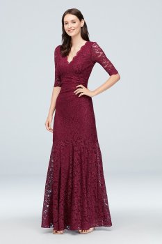 V-Neck Ruched Lace Mermaid Gown with 3/4 Sleeves Nightway 21719