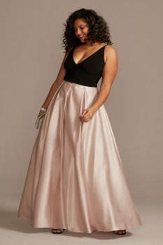 Satin Skirt Plunging-V Plus Size Gown with Pockets 2004BNW