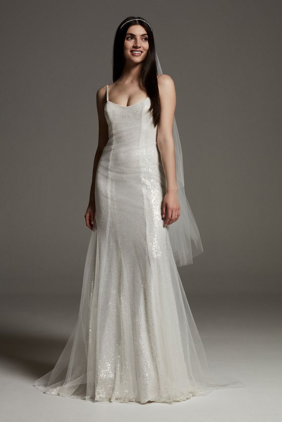 Veiled Tulle Sequin Slip Dress Wedding Dress VW351644 [VW351644]