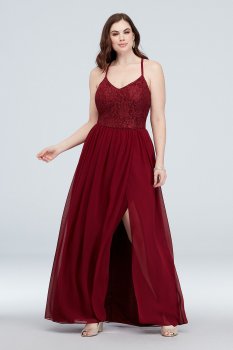 Plus Size Long Glitter Lace Bodice Bridesmaid Dress with Spaghetti Straps Style 3930AQ4W