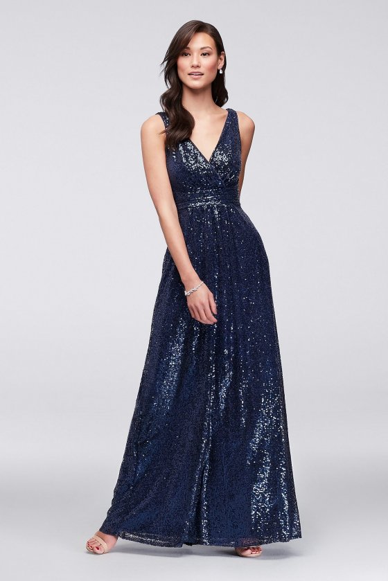 Sequin V-Neck Bridesmaid Dress with Satin Piping F19787 [F19787]