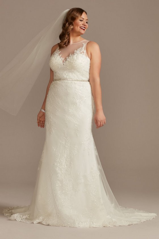 Buttoned Illusion Back Plus Size Wedding Dress Oleg Cassini 8CWG909