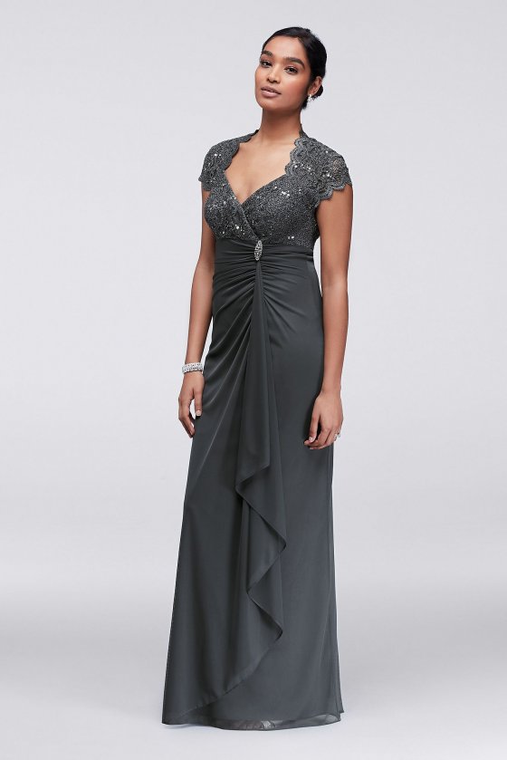 Gathered Jersey Dress with Scalloped Lace Bodice A18436 [A18436]