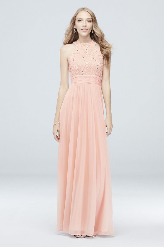 High-Neck Sequin Lace and Chiffon Dress W60081 [W60081]