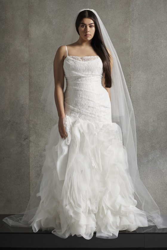 Plus Size 8VW351506 Long Trumpt Lace and Organza Flange Wedding Dress