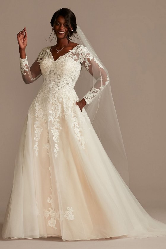 Lace and Tulle Long Sleeve Ball Gown Wedding Dress David's Bridal Collection 9SLWG3861