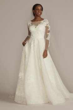 High Neck Long Sleeve Illusion Wedding Dress Oleg Cassini CWG930