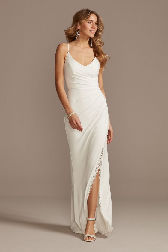 Ruched Spaghetti Strap Jersey Dress with Lace Slit SDWG0815 [SDWG0815]