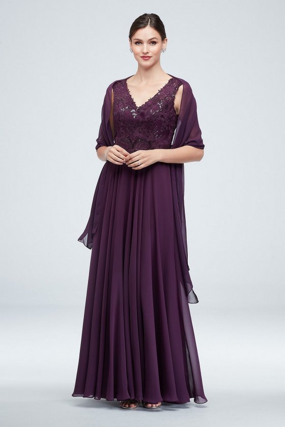 Long Embroidered VC7217 Style V-Neck Gown with Cap Sleeves [MRVC7217]