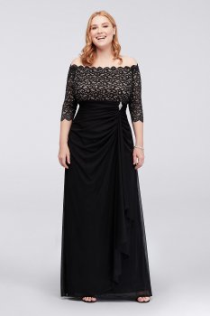 Off-the-Shoulder Plus Size Dress with Cascade A21009W