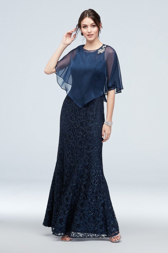 New 7119167 Style Long Sequin Lace Tank Dress with Flutter Sleeve Capelet [7119167MR]