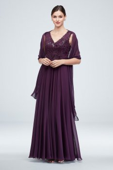 Long Embroidered VC7217 Style V-Neck Gown with Cap Sleeves