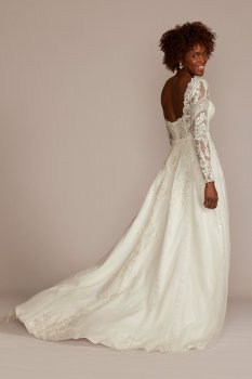 Lace Applique Tulle Long Sleeve Wedding Dress Oleg Cassini SLCWG905
