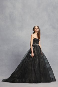 Black Lace Wedding Dress with Tiered Horsehair VW351431