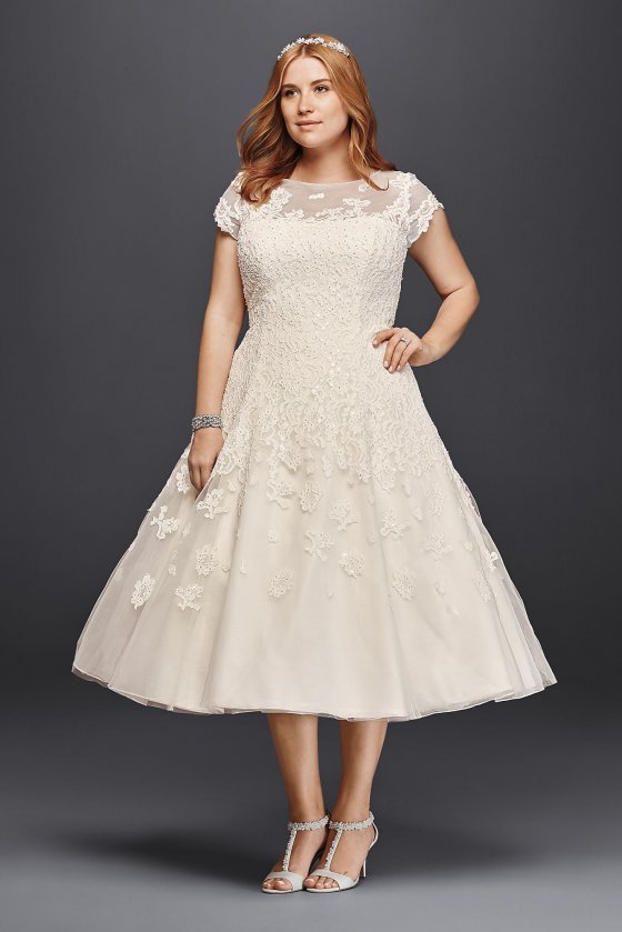 Cap Sleeve Tea Length Wedding Dress 8CMK513 [8CMK513]