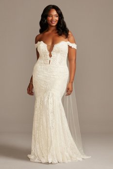 Off Shoulder Plunging Plus Size Lace Wedding Dress 9SWG855