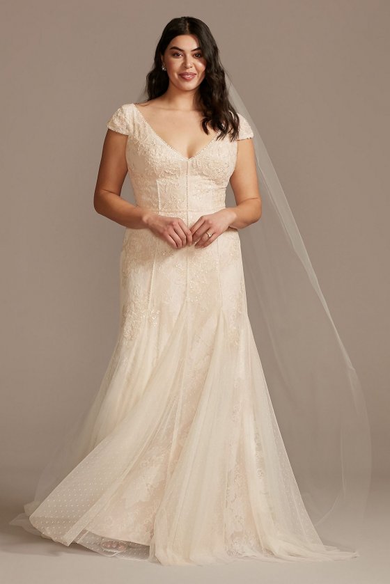 Cap Sleeve Point DEsprit Plus Size Wedding Dress Melissa Sweet 8MS251230 [8MS251230]