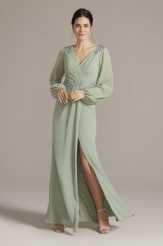Embellished Chiffon Gown with Long Sleeves Oleg Cassini WBM2815