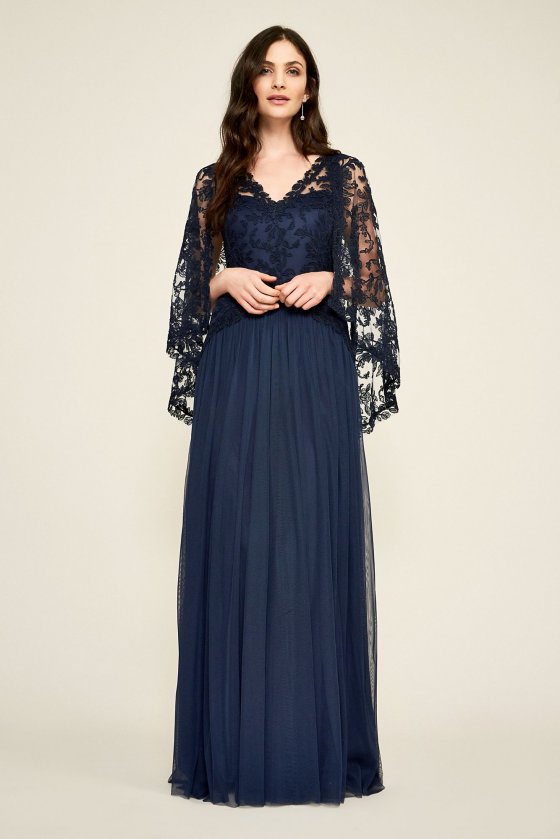 Corded Tulle Dress with Sheer Cape Overlay BDH18390L