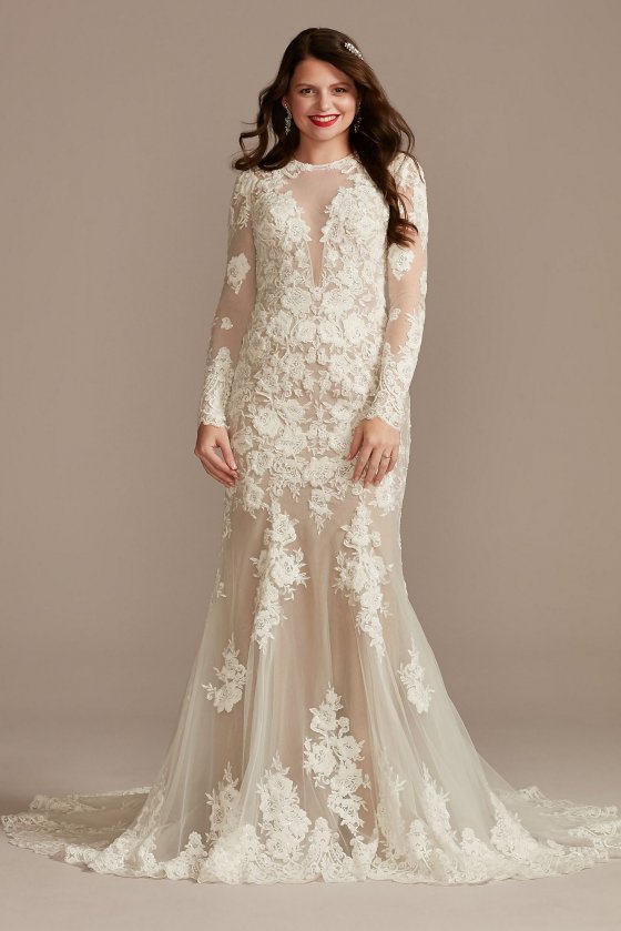 Long Sleeve Sequin Floral Petite Wedding Dress Galina Signature 7SLSWG843