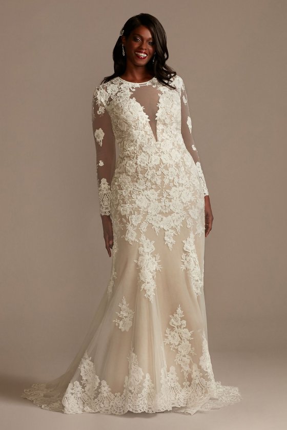 Long Sleeve Tall Plus Sequin Floral Wedding Dress Galina Signature 4XL9SLSWG843