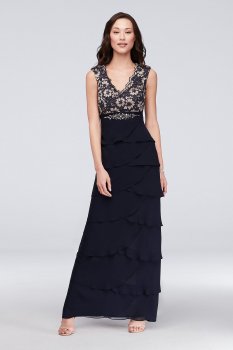 Lace and Tiered Chiffon Sheath Gown with Scarf JHDM6193