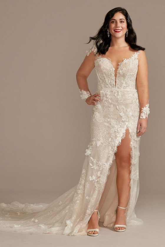3D Floral Petite Wedding Dress with High Slit Galina Signature 7MBSWG886