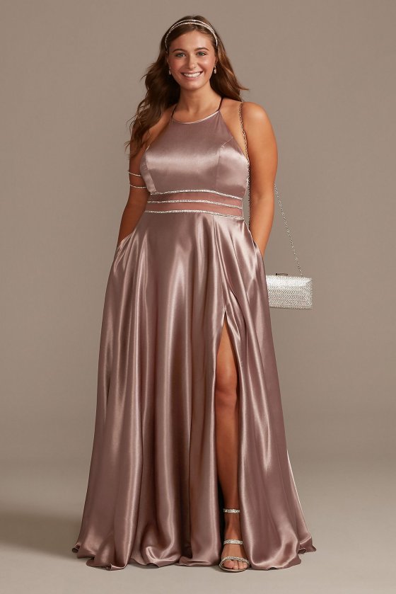 Halter Neck Long Plus Size Satin A-line WBM2452V2W Prom Party Gown with Illusion Cutout Waist [MRWBM2452V2W]