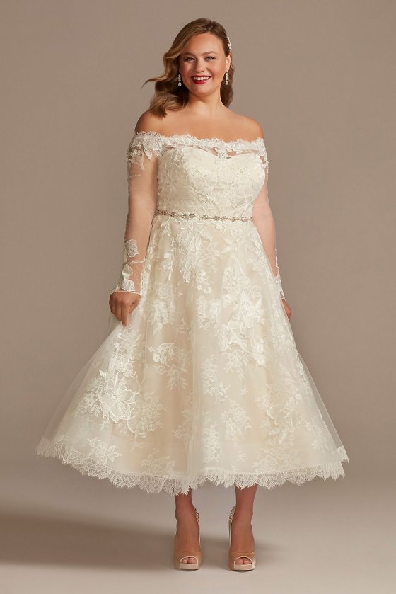 Off Shoulder Applique Tall Plus Wedding Dress Oleg Cassini 4XL8CWG902