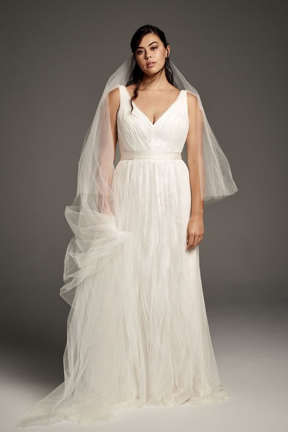Plus Size Long Pleated Tulle Flutter-Back Wedding Dress 8VW3514 [8VW351448]