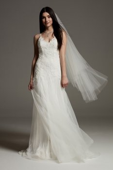 Floral Applique Tulle Overdress Wedding Dress VW351562