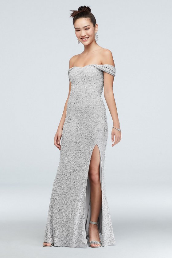 3622BE4B Off-the-Shoulder Metallic Lace Dress with Slit [3622BE4B]