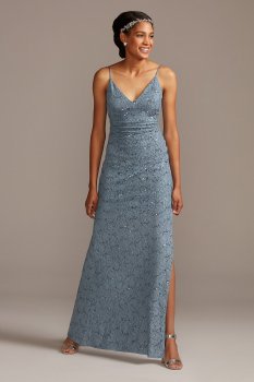 DS270072 Skinny Strap Sequin Lace Stretch Dress with Slit