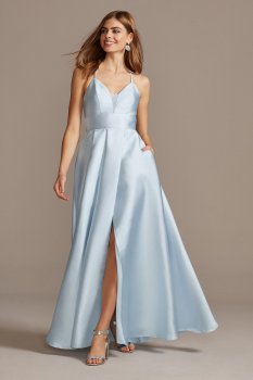 Satin Illusion Accent V-Neck Gown with Lace Back X44791DQG5