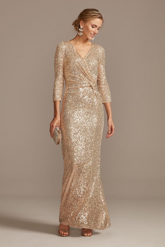 8196646 Long 3/4 Sleeves Sequin Wrap Front Dress with Twist [A8196646]