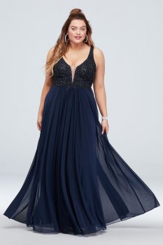 Plunging V Plus Size Gown with Gem Applique Bodice A20608W