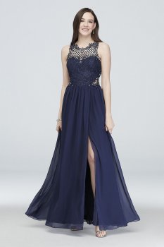 3622GF1B Lace and Chiffon Gown with Geometric Neckline