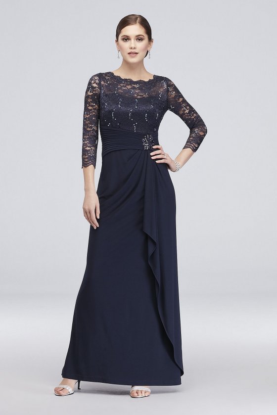 Long-Sleeve Lace and Jersey Cascade Dress 59371D [59371D]