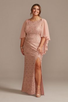Draped Lace Floor-Length Dress with Matching Shawl Oleg Cassini WBM2537W