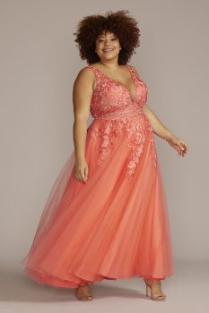Plus Illusion Tulle Ball Gown with Beaded Lace Jules and Cleo WBM2844W